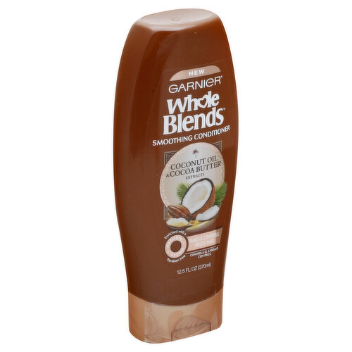 Enriched with a natural blend. Paraben free. New. Wholesome loving care blended for naturally beautiful hair, every day. We have carefully crafted a signature natural blended of select ingredients combined with sensorial fragrances chosen to care for hair. These select ingredients and unique fragrances are blended into each of our nurturing and gentle formulas which help restore the health and natural beauty of hair with every use. Smoothing Conditioner: With South Pacific coconut oil & West African cocoa butter extracts tailor-made formula tames & controls frizzy hair (When using the Garnier whole brands smoothing system of shampoo & conditioner). Our velvety formula, blooms with an exotic fragrance of coconut oil & cocoa butter, bringing to life our wholesome care that nourishes hair and tames frizz & flyaways (When using the Garnier whole brands smoothing system of shampoo & conditioner). The result: with every, wash, reveal irresistibly smooth hair and lustrous shine. Whole Blends Promise: Whole Blends promise to provide haircare that really cares: Good for your hair and the world we live in. Paraben-free formulas, gentle for everyday use. This product is blended with a select ingredient that gives back: our Argan ingredient is purchased fairly and sustainably to support local farmers & communities. Bottle made of recyclable pet plastic with 30% post-consumer recycled waste. Produced om a facility committed to sustainability, reducing its waste and water consumption per unit by approximately 58% and 47% respectively, since 2005. partnered with TerraCycle to keep beauty products out of landfills. Learn more at garnierUSA.com/green. www.garnierUSA.com. Please recycle this bottle to help decrease landfill waste. Made in USA of US and/or imported ingredients.