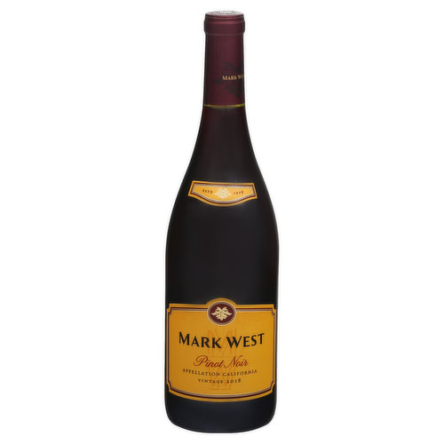 Mark West Winery specializes in Pinot Noir. Sourced primarily from California's coastal appellations, these vineyards provide grapes of intense fruit aromatics and flavors. The grapes were fermented in small tanks with daily punch down to extract color and flavors. Pressed lightly, the wine was then aged in French oak for approximately six months before bottling. Red and black cherry flavors abound with a note of spice from oak aging. Visit us at markwestiwines.com or tel. 855-293-9905. Alc.13.5% by vol. Vinted and bottled by Mark West Winery, Acampo, Ca.