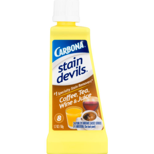 No. 1 specialty stain removers (Based on unit sales). Spot remover for washable & dry clean only fabrics. From grease stains to ink stains, Carbona Stain Devils are specifically-formulated to remove any laundry stain from washable and dry clean only fabrics. For the messiest of life's moments, claim your stain-victory with Carbona. Stain Devils Stain Chart: No. 1: Nail Polish, Glue & Gum: Adhesives, candle wax, correction fluid. No. 2: Chocolate, Ketchup & Mustard: Pizza, sauces, salsa, spices. No. 3: Ink, Marker & Crayon: Pen, pencil, highlighter, dry erase marker, chalk. No. 4: Blood, Dairy & Ice Cream: Baby formula, eggs. No. 5: Fat & Cooking Oil: Butter, margarine, cooking grease, lard, mayonnaise, pesto. No. 6: Grass, Dirt & Makeup: Mascara, lipstick, foundation, toothpaste, pollen. No. 7: Motor Moil, Tar & Lubricants: Machine oil and grease, lotion, tree sap, shoe polish, fuel, ash and soot, floor wax. No. 8: Coffee Tea, Wine & Juice: Cola, baby food, fruits & vegetables, jelly, jam, syrup, mold & mildew, urine, perfumes, nicotine. No. 9: Rust & perspiration. Join the Conversation: Facebook. Twitter. Pinterest. Instagram. YouTube/CarbonaUSA. There are nine different Stain Devils - each contains a unique formula that has been engineered to remove the most difficult stains. This also one of reasons why Stain Devils are the No. 1 specialty stain removers. Made in Germany by: delta pronatura, Egelsbach.