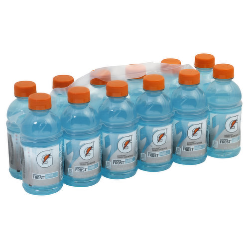 80 calories per bottle. Visit gatorade.com. Gatorade Frost: Light, crisp flavor. 12 pack. Contains no fruit juice.
