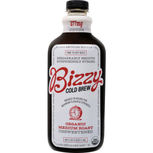 Our Medium Roast Cold Brew is ready to drink, and balanced with notes of caramel and hazelnut. Using organic Arabica coffee beans from Central and South America, we slow brew 18 hours for maximum flavor and strength.
Contains 277mg of caffeine per 12 oz. serving.
USDA Organic Certified. Unsweetened. Gluten-Free.
Time to Get Bizzy.