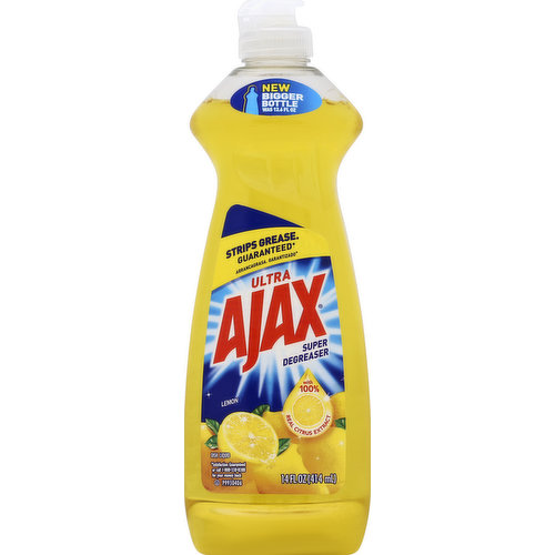 Contains fresh lemon scent. Super degreaser. With 100% real citrus extract. Strips grease. Guaranteed (Satisfaction guaranteed or call 1-800-338-8388 for your money back). Phosphate free. New bigger bottle was 12.6 fl oz. www.ajax.com. Save water. www.colgate.com/savewater. how2recycle.info.