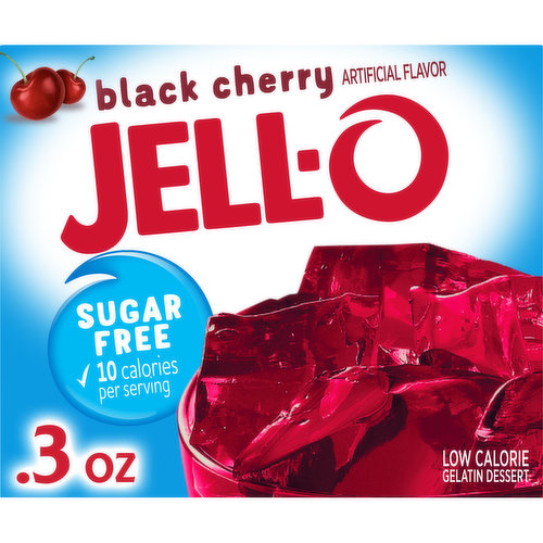 Jell-O Sugar Free Black Cherry Instant Gelatin Mix packs all the flavor without the sugar into a convenient mix for quick, easy preparation. Delicious black cherry flavor makes this sugar free gelatin a refreshing treat perfect for everyday snacking or special occasions. This cherry flavored gelatin is fat free per serving and also a low calorie option at 10 calories per serving. Whether you serve it as a quick dessert or gelatin salad with fruit, you can feel good about sharing with your family. Simply mix the gelatin powder with boiling water, add cold water, and refrigerate to set. Each 0.3 ounce box of gelatin mix makes four servings.