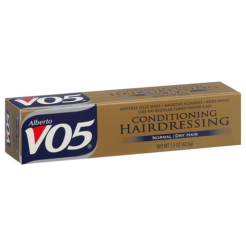 Soothes split ends. Smooths flyaways. Adds shine. Like no regular conditioner can! VO5 Conditioning Hairdressing - the perfect finish! Control your split ends. Add shine. Smooth flyaways. Give your hair great manageability. Calm frizzies. Revitalize dull, dry hair! Our unique formula has an advanced blend of five of the earth's best moisturizers and emollients.