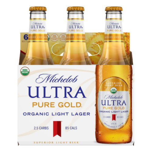 Superior light beer. Free from artificial flavors. 2.5 carbs. 85 cals. Per 12 fl. oz. - Average Analysis: Calories, 85. Carbohydrates, 2.5 g. Protein, 0.5 g. Fat, 0.0 g. USDA Organic. Certified Organic by OTCO. Free from artificial colors. We created Michelob Ultra Pure Gold with intention. It's Simple: With Michelob Ultra Pure Gold, you get the pure refreshing taste you enjoy, with organic ingredients sourced from the finest farms in the country. Enjoy responsibly. TapIntoYourBeer.com. www.michelobultra.com. Thirsty for more info? TapIntoYourBeer.com. Questions/Comments Call: 1-800-342-5283 www.michelobultra.com. Sustainable Forestry Initiative: Certified sourcing. www.sfiprogram.org. We support the Sustainable Forestry Initiative by obtaining the packaging materials used in this carrier from certified sources, because we believe in managing our forest for future generations. Please recycle.