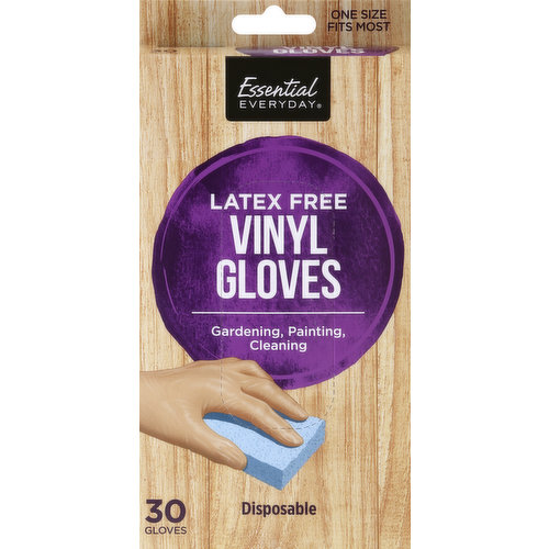 Gardening, painting, cleaning. Great products at a price you'll love - that's Essential Everyday. Our goal is to provide the products your family wants, at a substantial savings versus comparable brands. We're so confident that you'll love Essential Everyday, we stand behind our products with a 100% satisfaction guarantee. Essential Everyday Latex Free Vinyl Gloves are a safe alternative for people with allergies to latex, providing protection and quality for virtually all of your messy chores and clean-ups. Features: high quality latex free vinyl; fits right and left hands; light weight and form fitting for precise feel and flexibility; lightly powdered to easily put on and pull off. For ultimate convenience, be sure to keep a bag wherever you may need them. Bathroom. Garage. Work. Kitchen. Car. We have chose to provide a safer, healthier product by using materials that are free of BPA & ortho-phthalates. 100% Quality Guaranteed: Like it or let us make it right. That's our quality promise. 877-932-7948; essentialeveryday.com. Made in China.