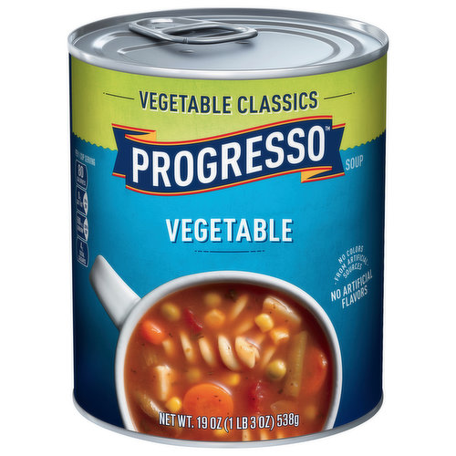 Progresso Vegetable Classics Vegetable Soup is packed with classic flavors and quality ingredients for the whole family to enjoy. Our recipe is made with real ingredients and does not include artificial flavors or added MSG