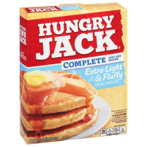 Per 1/3 Cup Dry Mix: 180 calories; 0 g sat fat (0% DV); 580 mg sodium (25% DV); 6 g total sugars. A good source of calcium and 6 vitamins plus iron. See nutrition information for sodium content. Contains a bioengineered food ingredient. Light texture. For over 70 years Hungry Jack ahs been working hard to give you easy ways to enjoy simple, delicious meals that satisfy. There's no frills or fuss, just the great taste of hearty meals that turn out right every time. So pull up a chair and dig into delicious. Be your own jack. Easy pour & microwavable. Flap-jacking made easy with Hungry Jack syrup! Pour on Hungry Jack Syrup with an easy pour cap & microwavable bottle. hungryjack.com. Questions or comments? 1-888-767-7494. Visit us at hungryjack.com. Go to hungryjack.com for recipes and other great ideas. Please recycle.