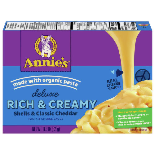 Annie's Pasta & Cheese Sauce, Shells & Classic Cheddar, Deluxe, Rich & Creamy