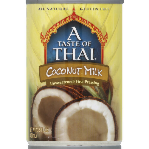 Unsweetened/First pressing. All natural. Gluten free. See inside label for recipes. Highest quality. First press. Benefits of Coconut Milk: dairy free; gluten free; unsweetened; all natural; vegan. Coconut milk may be used in place of milk or cream in most dishes and adds a wonderful depth of flavor. Coconut milk is made by pressing the meat of fresh coconuts, selected at their peak of flavor. For more recipes go to www.atasteofthai.com. Trans fat free. MSG free. GMO free. Preservative free. Produced in Thailand.