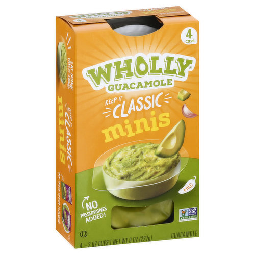 Gluten free. Non GMO Project verified. nongmoproject.org. Keep it classic. No preservatives added! Nuthin' but goodness. Oh how yummy get in my tummy! Take me with you! I love to travel. Oh my guac! Made with hand scooped hass avocados. Eat some, freeze some! www.eatwholly.com. how2recycle.info. Twitter; Instagram: (at)eatwholly. Facebook; Pinterest: Wholly Guacamole. For even more ideas visit eatwholly.com. Try these other flavors! Guacamole Chunky Minis. Guacamole Chunky. Sustainable Forestry Initiative: Certified sourcing. www.sfiprogram.org. Product of Mexico.