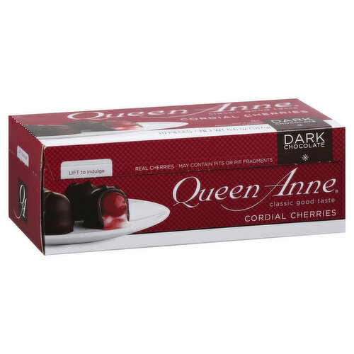 Artificially flavored. Classic good taste. For over 65 years, Queen Anne Cordial Cherries remains the premier sweet indulgence. Whether one bite or two - get ready for classic good taste. Tell us how we did! Share your feedback, comments, and questions with us. Please include the UPC below and the code date printed on the vertical side of the box. www.queenannecandy.com. Facebook: fb.com/queenannecordials. Twitter: (at)CordialQA. Cherries are packed in two air-tight fresh-seal serv-a-trays. 100% recycled paperboard. Minimum 35% post consumer content. Product of the USA.