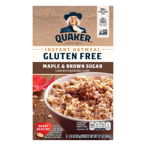 Quaker Instant Oatmeal, Gluten Free, Maple & Brown Sugar, 8 Pack