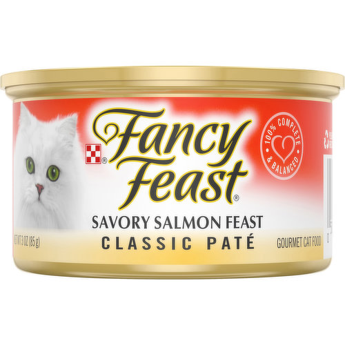 Fancy Feast Classic Savory Salmon Feast is formulated to meet the nutritional levels established by the AAFCO Cat Food nutrient profiles for all life stages. 100% complete & balanced. Purina.com. FancyFeast.com/ingredients. Every ingredient has a purpose. FancyFeast.com/ingredients. Please recycle.