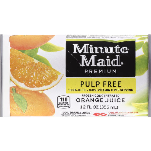 160% vitamin C per serving. 110 calories per 8 fl oz prepared. www.minutemaid.com. Low in saturated fat & cholesterol. Certified by American Heart Association. heartcheckmark.org. While many factor affect heart disease, diets low in saturated fat and cholesterol may reduce the risk of this disease. No added sweeteners or preservatives. Contains orange juice concentrate from the USA.