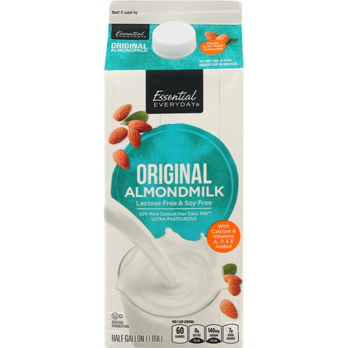 Per 1 Cup Serving: 60 calories; 0 g sat fat (1% DV); 140 mg sodium (6% DV); 7 g total sugars. Lactose free & soy free. Gluten free. 50% More calcium than dairy milk (1 cup of 2% milfat dairy milk contains 290 mg (20% DV) calcium vs. 1 cup of Essential Everyday chocolate almondmilk contain 450 mg (35% DV) calcium. MIlk (10179) data from USDA national nutrient data base for standard reference release legacy April, 2018). Ultra-pasteurized. With calcium & vitamins A, D & E added. Made with real almonds. Great Products at a price you'll love that's Essential Everyday. Our goal is to provide the products your family wants, at a substantial savings versus comparable brands. We're so confident that you'll love Essential Everyday, we stand behind our products with a 100% satisfaction guarantee. essentialeveryday.com. For additional recipes, visit www.essentialeveryday.com.