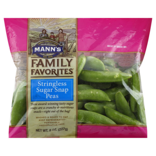 These award-winning tasty sugar snaps are a crunchy & nutritious snack - right out of the bag! Three generations. Est. 1939. Washed & ready to eat. Preservative free. Mann's Family Favorites Stringless Sugar Snap Peas are a cross between English peas and snow peas. They are meant to be enjoyed in their entirety, including the pod. Connect with us for recipes & inspiration. Facebook. Twitter. Pinterest. Instagram. (at)VeggiesMadeEasy or veggiesmadeeasy.com. Women Owned Business. Dating back to the 1930s, farming has been a family business for three generations. We are dedicated to providing the highest quality, preservative free, fresh produce. We grow on family-owned farms using sustainable practices & follow strict quality standards. Product of USA.