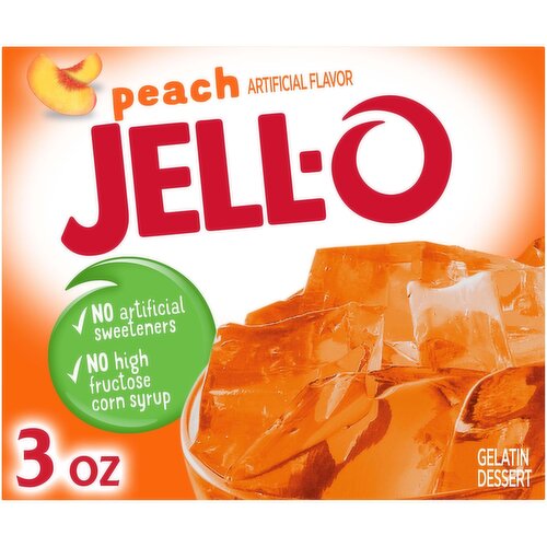 Jell-O Peach Instant Gelatin Mix is an easy to make peach flavored dessert. Perfect for cooling off on a hot day, this mouthwatering treat delivers the classic refreshingly sweet peach taste you know and love. With no artificial sweeteners and no high fructose corn syrup and fat free, this dessert is one you can feel good about sharing with your family. This 3 ounce box makes four 1/2-cup servings so you can prepare enough for the whole family. It's easy to make a tasty dessert for kids or adults. Simply mix the peach flavored gelatin mix with boiling water, stir in cold water and refrigerate until set.