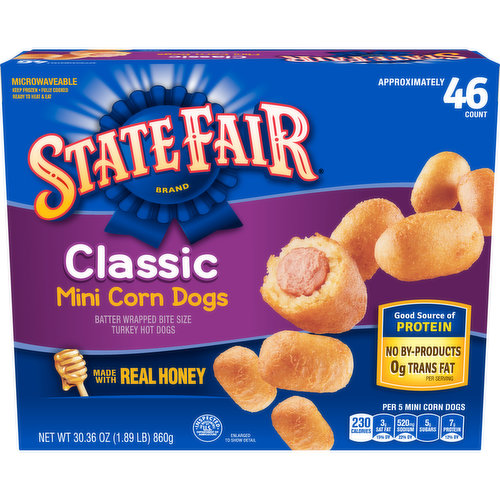 State Fair Classic Turkey Mini Corn Dogs Frozen Meal contains bite-sized, mini hot dogs dipped in honey-sweetened batter for a quick lunch time treat. State Fair corn dogs are made with real turkey, real honey and no by-products. These heat and eat microwave meals have 7 grams of protein per serving and no trans fat. Simply microwave these frozen appetizers and serve with fruits and veggies for a ready to eat lunch.