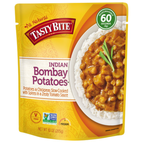 Who doesn't love potatoes and chickpeas? Our Bombay Potatoes combine both in a robustly spiced sauce. We slow-cook potatoes and chickpeas with fresh tomatoes, onions, and spices for a delicious addition to any meal.