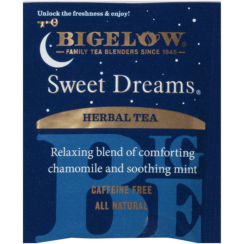 Relaxing blend of comforting chamomile and soothing mint. Gluten free. Caffeine free. Non GMO. 20 tea bags individually wrapped in foil pouches. Freshness stays in. Air and moisture stay out. Amarica's classic. Family tea blenders since 1945. Bigelow times change, our tea doesn't, taste will always be our family's number one priority, you can always count on superior quality and ingredients which is what makes every cup of Bigelow tea so special, while our packaging has evolved over the years, one thing remains timeless: our recipes, since 1945, we've been committed to excellence and now we are excited to share with you our refreshed look, we feel this new design truly represents the beauty of our teas. We hope you agree. Because flavor matters our family selects ingredients so carefully that they must protect them in foil to allow you to experience their full. Flavor. Freshness. Aroma. Bigelow herbal blend sweet dreams our family is proud of our recipe each ingredient below has been carefully selected by the bigelow family to deliver an uncompromised tea experience. 1993, 2012, 2018. Protected in foil. All natural. Our Promise We love to hear what you have to say. If you do call our Consumer Services Crew please reference the code on our box. Bigelowtea.com. Benefit corporation. Zero landfill company. Our boxes, tea bags, strings and tags are 100% biodegradable.  Blended and packaged in the USA. Manufactured in the USA 100% American family owned. Our family is proud of our recipe.  Each ingredient below has been carefully selected by the Bigelow family to deliver an uncompromised tea experience. ; Times change.  Our tea doesn't.  Taste will always be our family's number one priority.  You can always count on superior quality and ingredients which is what makes every cup of Bigelow tea so special. 

While our packaging has evolved over the years, one thing remains timeless: our recipes.  Since 1945, we've been committed to excellence and now we are excited to share with you our refreshed look. 

We feel this new design truly represents the beauty of our teas.  We hope you agree. ; Tea bags individually wrapped in foil pouches. Freshness stays in. Air and moisture stay out.; Protected in foil...because flavor matters.  

Our family selects ingredients so carefully that they must protect them in foil to allow you to experience their full FLAVOR, FRESHNESS, AROMA.