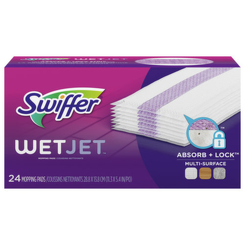 Swiffer WetJet Hardwood Floor Cleaner, Spray Mopping Pad Refills have a new ABSORB + LOCK STRIP that helps trap dirt & grime deep in the cleaning pad so it doesn't get pushed around. When you’re done, just remove the pad and throw it, and all that dirt, away forever.