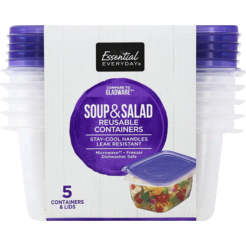 710 ml. 3 cups. Compare to Gladware (Gladware is a registered trademark of the Glad Products Company. This product is not manufactured or made under the authorization of the Glad Products Company or one of its subsidiaries). Stay-cool handles. Leak resistant. Microwave (use for microwave reheating only. Do not use for boiling), freezer, dishwasher safe. Smart Match System: So you can easily find and match your container and lid! 100% quality guaranteed. Like it or let us make it right. That's our quality promise. 877-932-7948; essentialeveryday.com. Certified 100% recycled paperboard. Made of polypropylene. BPA has never been used to make polypropylene. Non-toxic plastic. Bisphenol A free. Sustainable Forestry Initiative: Certified sourcing. www.sfiprogram.org. Made in USA.
