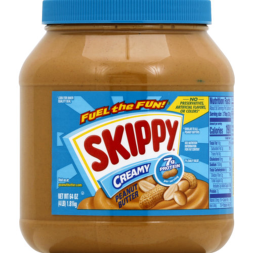 7 g protein per serving. 7% daily value. See nutrition information for fat content. No preservatives, artificial flavors, or colors (similar to all peanut butters). Gluten free. Good source of vitamin E. Fuel the fun! Visit us at: peanutbutter.com. Comments and questions call 1-866-4Skippy.