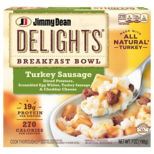 Jimmy Dean Delights Turkey Sausage Breakfast Bowl has all of your breakfast favorites. This microwavable breakfast is filled with turkey sausage, eggs, diced potatoes and cheese. With 18 grams of protein per serving, this turkey sausage breakfast bowl helps fuel your day. Microwave and serve for an easy breakfast. Cook frozen breakfast bowl thoroughly before enjoying it. Keep frozen to preserve freshness.