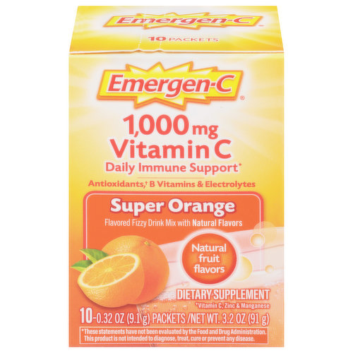 Daily immune support. Antioxidants (vitamin C, zinc & manganese), B vitamins & electrolytes. Immune Support: 1,000 mg of vitamin C plus other antioxidants zinc and manganese support your immune system. Energy: 7 B vitamins including B1, B2, B3, B5, B6, B9 and B12 enhance energy naturally without caffeine. Electrolytes: Great for post-workout, replace key electrolytes lost through perspiration. Feel the good. Naturally, it's good for you! Bursting with all sorts of sunshine-y citrus deliciousness, it's no wonder we call it super. With each sip, you can feel the essential nutrients flow through your body in a wave of Emergen-C rejuvenation. If feeling good is your thing, you found the right box. Fix it how you like it. Less water = More flavor. Carton contains individual packets. FSC: Mix - Packaging. This box is recyclable.