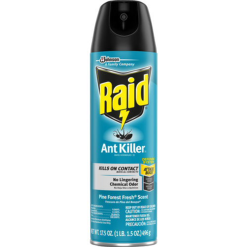 A Family Company since 1886. Kills on contact. No lingering chemical odor. Defense system. Attach bugs (Use to kill ants on contact. Avoid spraying near baits to make sure bugs can bring the bait back to where they hide). Controls bugs (Use a Raid Ant Bait product to kill ants where they hide. For heavy infestations, first use a Raid Fogger or Fumigator product and then place baits to provide ongoing control. Read the label to find the right product for your bug problem). Prevent bugs (Use a Raid Max Bug Barrier product to keep ants, Or, spray this product along baseboards, inside cracks, and behind appliances. Do not spray surfaces with more than one pest control product. Read the label to find the right product for your bug problem). Helps you work smarter, not harder, to fight bugs. Use This Product To: Kill bugs on contact. Use Other Raid Products To: Kill bugs at the source; Keep bugs out. Kills: Ants. Roaches. Crickets. Earwigs. Household spiders. Multi-colored Asian lady beetles. Silverfish. Stinkbugs. raidkillsbugs.com. Visit raidkillsbugs.com to identify your bug and best treatment plan. Questions? Comments? Call 800-558-5252 or write Helen Johnson. Contains No CFCs or other ozone depleting substance. Federal regulations prohibit CFC propellants in aerosols.