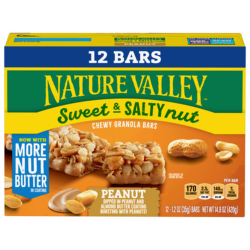 Nature Valley Sweet & Salty Nut Peanut Granola Bars are made with crunchy peanuts, chewy granola and dipped in a creamy peanut butter coating. This tasty snack bar provides a perfect balance of savory nuts and sweet granola. Stock up for a breakfast bar, an office snack or an on-the-go treat the whole family can enjoy!