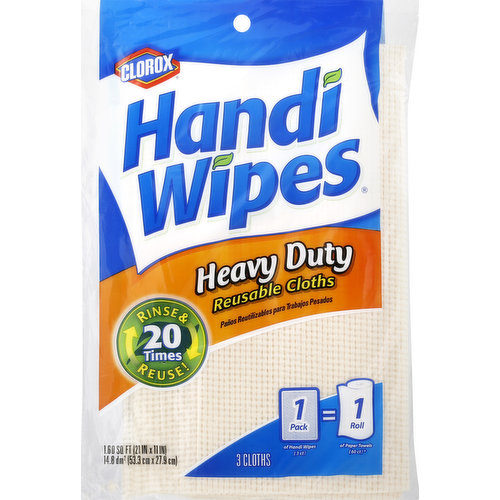 1.60 sq ft (21 in x 11 in). 14.8 sq dm (53.3 cm x 27.9 cm). 1 pack of Handi Wipes (3 ct) = 1 roll of paper towels (60 ct) (Comparison does not include energy and water consumption). 20 times rinse & reuse! Handi Wipes are America's no. 1 reusable, money-saving cleaning cloths. Durable Handi Wipes reusable cloths offer all the convenience and absorbency of single-Use paper towels, but they last 20 times longer. Plus, sheet for sheet they're a better value than paper towels (Comparison does not include energy and water consumption). That means more trees and less waste. It's easy to be green when you use Handi Wipes cloths. Use Handi Wipes heavy duty cloths again and again inside and outside to wipe. Clean, scrub, polish or dust. Cars, tools, shoes, furniture, computers, barbecue grills, bathrooms, windows, electronics, silver, countertops, sporting equipment, bicycles, dishes, refrigerators, outdoor furniture, and more. Use for your tough jobs! www.handiwipes.com. If you have any questions or comments, visit www.handiwipes.com or call us toll-free in the continental US at 1-800-227-1860. Made in the U.S.A.