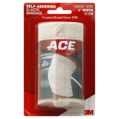 No clips! Provides optimal support for strenuous activities and compression for strains and sprains. Comfortable to wear for extended periods of time. Self-Adhering Elastic Bandage needs no clips. Easy to use - follow wrapping and care instructions inside package. Adjustable for a custom fit. 4 inch width ideal for lower leg and shoulder. Average stretch length 144 inchs/360 cm. The Ace trademark is your assurance of superior quality support and comfort. Made in USA.
