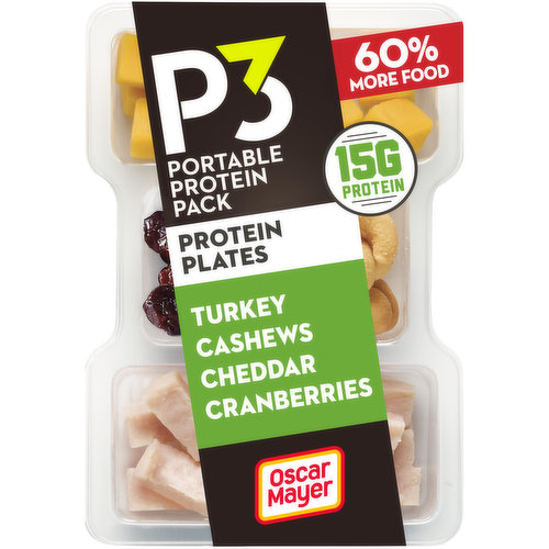 Oscar Mayer P3 Turkey, Cheddar, Cashews & Cranberries Portable Protein Packs shake up your snacking routine with a deliciously convenient protein snack pack. Each pack contains snack-sized portions of applewood smoked turkey breast, cashew pieces, mild cheddar cheese and sweetened dried cranberries. P3 is an excellent source of protein, with 16 grams per serving. Ready to eat right from the fridge, these individual protein snacks are a delicious source of energy when you need a boost. The portable package is easy to open when you are on-the-go. P3 Portable Protein Packs are the more interesting way to get your protein.