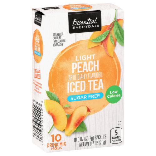 Artificially flavored. 5 calories per 1 packet. This product contains 5 calories per serving. Leading beverages contain 70 calories per serving. Sugar free. 90% fewer calories than leading beverages. Low calorie. 10 mg caffeine per serving. Great products at a price you'll love: That's Essential Everyday. Our goal is to provide the products your family wants, at a substantial savings versus comparable brands. We're so confident that you'll love Essential Everyday, we stand behind our products with a 100% satisfaction guarantee. 100% quality guarantee. Like it or let us make it right. That’s our quality promise. 877-932-7948. essentialeveryday.com. essentialeveryday.com.