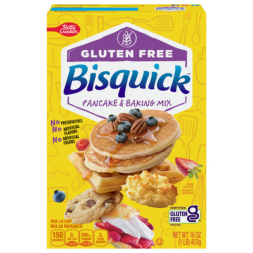 Make quick and easy family breakfast favorites with Betty Crocker Bisquick Gluten Free Pancake & Baking Mix. This versatile baking mix can be used for biscuits, muffins, pancakes, waffles and even pie. From hot, fluffy pancakes to mouthwatering waffles, bake restaurant-worthy gluten-free breakfast dishes with this all-purpose  baking mix. Just add milk, oil and eggs to start crafting a family-friendly breakfast spread. Serve your creations with a buffet of delicious toppings like syrups, whipped cream, sliced fruit, peanut butter and more. It's time to start a new family tradition. 

Bisquick has been creating family favorites since 1931. Use Betty Crocker Bisquick Gluten Free Pancake & Baking Mix for delicious and easy-to-prepare breakfast dishes for any time of the day.