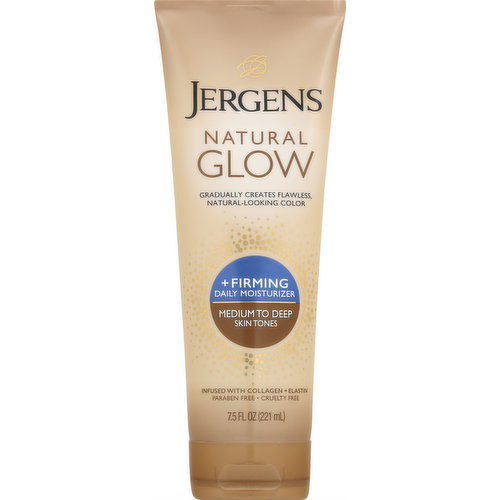 Gradually creates flawless, natural-looking color. Infused with collagen + Elastin. Paraben free. Apply daily to gradually create your ideal color. Create Your Own Sunshine with Jergens Natural Glow Moisturizers. Clinically proven to reduce the appearance of cellulite in as little as 7 days, Jergens Natural Glow + Firming Daily Moisturizer gradually creates and maintains nourished, sun-kissed color for beautiful, glowing skin Our breakthrough formula, with patented technology, delivers flawless award-winning color and a streak-free. hassle-free application experience. Dermatologist tested. www.jergens.com. how2recycle.info. Questions or comments? Jergens Skincare Experts are always at your fingertips: www.jergens.com or call 1-800-742-8798 (USA). Cruelty free. Made in USA of US & imported ingredients.