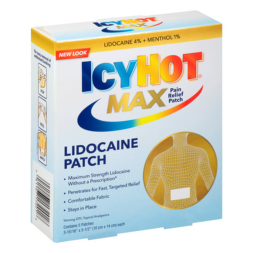 3-15/16 inches x 5-1/2 inches (10 cm x 14 cm) each. Pain relief patch. New look. Lidocaine 4% + menthol 1%. Maximum strength Lidocaine without a prescription (Among OTC topical analgesic). Penetrates for fast, targeted relief. Comfortable fabric. Stays in place. Contains 5 patches. Numbs away pain. Back. Neck & shoulders. Knee & elbow. Ankle & leg. www.icyhot.com. Child- resistant packaging. Recyclable carton. Keep carton as it contains important information. Made in Japan.