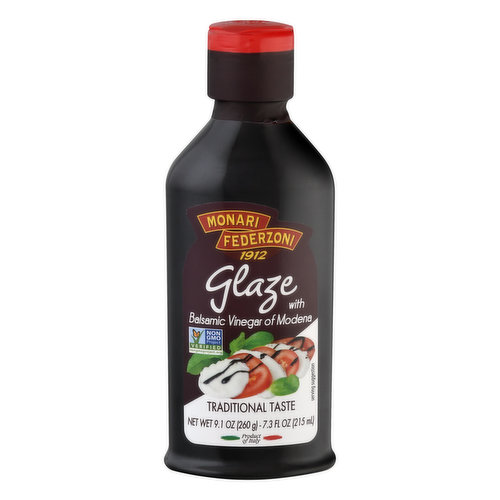 7.3 fl oz (215 ml) Gluten free. Non GMO Project verified. Nongmoproject.org. 1912. Traditional taste. A delicious ready to use Glaze with Balsamic Vinegar of Modena, packed in a very handy squeeze bottle. www.monarifederzoni.com. Please recycle. Product of Italy.