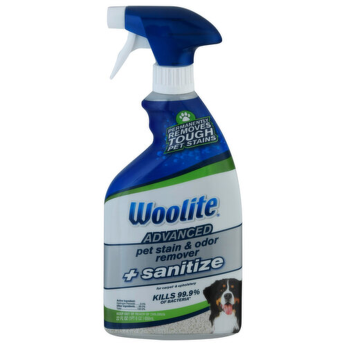 Permanently removes tough pet stains. For carpet (Not for use on polypropylene/olefin or wool fibers) & upholstery. Kills 99.9% of bacteria (Kills 99.9% of Enterobacter aerogenes (ATCC 13408) and Staphylococcus aureus (ATCC 6538) (Staph) on carpets (Not for use on polypropylene/olefin or wool fibers) and soft surfaces). Penetrates to eliminate pet odors at their source. Permanently removes tough pet stains like: urine; feces; vomit; tracked-in dirt; blood. Use on surfaces that you and your family come in contact everyday: Pet areas; carpet (Not for use on polypropylene/olefin or wool fibers); stairs; area rugs; pet beds; cushions; couches; upholstery; car seats upholstery. Leaves carpets (Not for use on polypropylene/olefin or wool fibers) sanitized for children and pets when used as directed. Please separate and recycle. Shrink sleeve. Trigger sprayer.