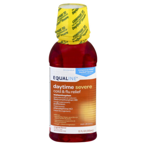 Other Information: Each 15 ml tablespoon contains: sodium 6 mg. Store at 68-77 degrees F (20-25 degrees C). Misc: Acetaminophen (pain reliever/fever reducer). Dextromethorphan HBr (cough suppressant). Guaifenesin (expectorant). Phenylephrine HCl (nasal decongestant). Compare to the active ingredients of DayQuil Severe. Compare to Vicks DayQuil Severe active ingredients (This product is not manufactured or distributed by The Procter & Gamble Company, owner of the registered trademarks Vicks DayQuil). Relieves: headache, fever, sore throat, minor aches & pains; nasal/sinus congestion & sinus pressure; cough; chest congestion. Non-drowsy. Alcohol free. Antihistamine free. Gluten free. Supervalu quality guaranteed. We’re committed to your satisfaction and guarantee the quality of this product. Contact us at 1-877-932-7948, or www.supervalu-ourownbrands.com. Please have package available. Questions or comments? 1-877-932-7948.