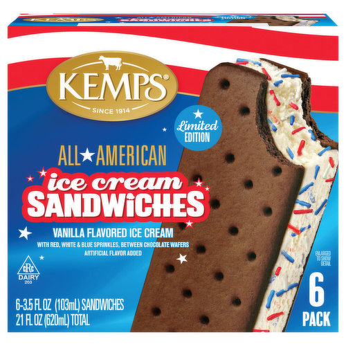 Kemps Ice Cream Sandwich, Vanilla Flavored, 6 Pack