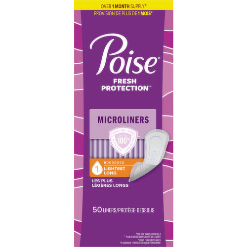 Poise Daily Microliners, Incontinence Panty Liners, Lightest Absorbency,  Long, 50 Count : : Health & Personal Care