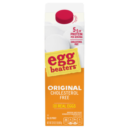 No artificial flavors. Per 3 Tbsp Serving: 25 calories; 0 g sat ft (0% DV); 90 mg sodium (4% DV); 0 g total sugars. 5 g of protein per serving. Gluten free. Cholesterol free. 1/2 the calories than USDA data for whole egg. No cholesterol or fat. Egg Beaters Original: 25 calories per 46 g serving, USDA data for whole egg: 66 calories per 46 g serving. Made from real eggs. Real egg product. Made from farm fresh eggs. This carton is equivalent to 14 large eggs. Pasteurized. Made with egg whites and has the vitamins & minerals of a shell egg. United Egg Producers Certified: Produced in compliance with United Egg Producer's Animal Husbandry Guidelines. ww.uepcertified.com. www.eggbeaters.com. how2recycle.info. SmartLabel: Scan for more food information. Questions or comments, visit us at www.eggbeaters.com or call Mon-Fri., 1-800-988-7808 (except national holidays). Please have entire package available when you call so we may gather information off the label.