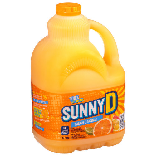Orange flavored citrus punch with other natural flavors. 60 calories per 8 fl oz serving. 100% vitamin C. In the summer of 63, a couple of Florida dads stood in an orange grove and agreed, Good. But we can do better. With a firm handshake, they vowed to create the tastiest, most boldly original orange drink on the planet with a splash of strawberry flavor, they mixed things up even more. And SunnyD orange strawberry was born. Legendary flavor. 100% of your vitamin C. sunndy.com. Facebook: Join us at Facebook.com/SunnyD. Questions? Comments? sunndy.com. Please recycle.