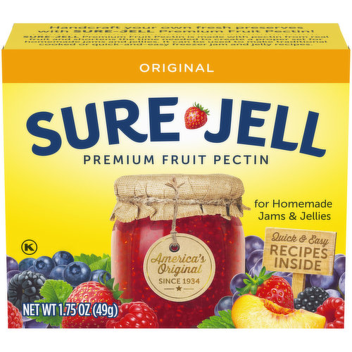 Sure-Jell Premium Fruit Pectin is a kitchen staple for homemade jams and jellies. America's original since 1934, this premium gelling agent makes a great food thickener. Simply mix this powdered fruit pectin into traditional cooked or quick freezer jams to help your preserves thicken for the perfect set. Use it in less or no sugar strawberry jam, elderberry jelly or apricot jam, or try one of the quick and easy recipes inside the package. This premium pectin is a shelf-stable addition to your pantry's stabilizers and thickeners. This dry pectin powder will shorten the time needed to for homemade jams and jellies to set. Use your favorite fruits to create delicious homemade jams, and try one of the quick and easy recipes included in this pack!