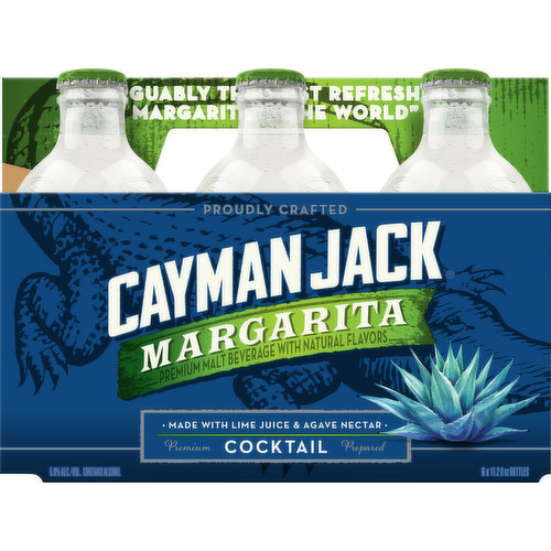 Flavored ale. Premium malt beverage with natural flavors. Crafted to Remove Gluten: Cayman Jack is fermented from grains that contain gluten and crafted to remove gluten. The gluten content cannot be verified and this product may contain gluten. For more information on how Cayman Jack is crafted to remove gluten go to caymanjack.com. Proudly crafted. Made with lime juice & agave nectar. Premium prepared. Arguably the most refreshing margarita in the world. www.caymanjack.com. 5.8% alc./vol. 11.6