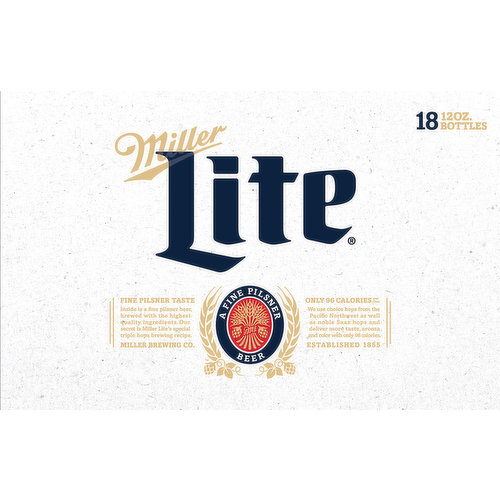 Only 96 calories per 12 oz. AV. Analysis (12 fl oz): 96 cals; 3.2 g carbs; less than 1 g protein; 0.0 g fat. Fine Pilsner Taste: Inside is a fine pilsner beer, brewed with the highest, quality ingredients. Our secret is Miller Lite's special hops brewing recipe. We use choice hops from Pacific Northwest as well as noble Saaz hops and deliver more taste aroma and color with only 96 calories. Established 1855. Since 1855. Great beer. Great responsibility. Contains no additives or preservatives. For consumer questions call 1-800-Miller6. Please recycle.