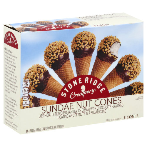Artificially flavored vanilla ice cream with chocolate flavored coating and peanuts in a sugar cone. Per 1 Cone: 290 calories; 11 g sat fat (55% DV); 90 mg sodium (4% DV); 24 g total sugars. At Stone Ridge Creamery we know that nothing compares to the enjoyment of your favorite ice cream treat. A warm breeze, some change in your hand, and the sound of the ice cream truck approaching can really take you back. Remember the excitement of running out to meet it and choosing a favorite sweet treat? Now, bring that feeling home to share with family and friends. Whether you prefer our ice cream sandwiches, bars or cones, we're sure you'll find a smile in every bite. At Stone Ridge Creamery it's summer all year long. 100% quality guaranteed. Like it or let us make it right. That's our quality promise. Supervaluprivatebrands.com. Product of USA.